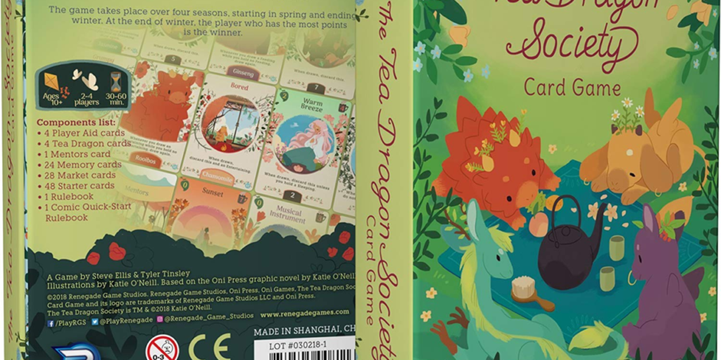 Back and Front cover of Tea Dragon Society card game box. Several cute colorful dragons around a tea kettle. 