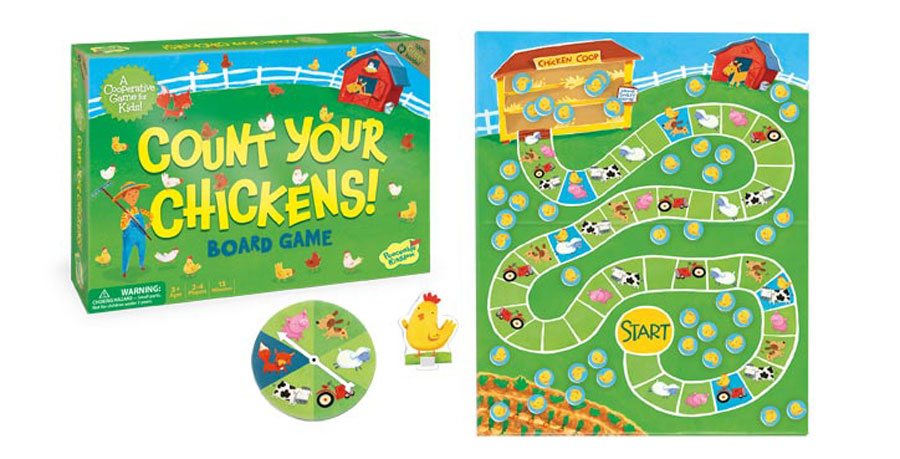 Box art, spinner, board game matt and token for Count Your Chickens. Includes colorful art of a farm yard and chickens. 