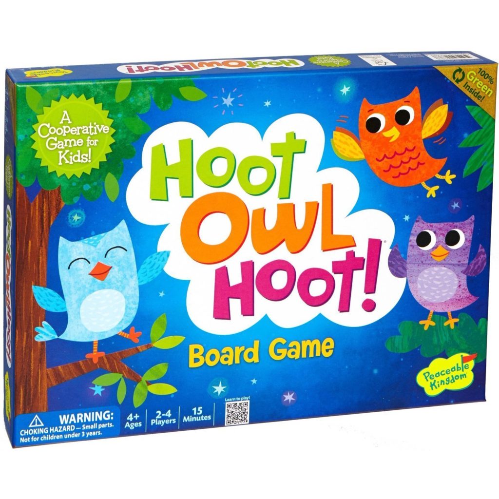 Box art for the board game "Hoot Owl Hoot". Several colorful owls with game title text. 