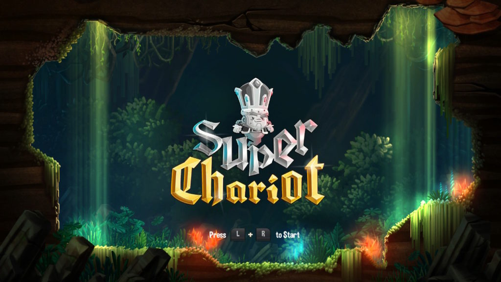 Super chariot title screen. Includes the words "Super Chariot" in front of a cave backdrop. 