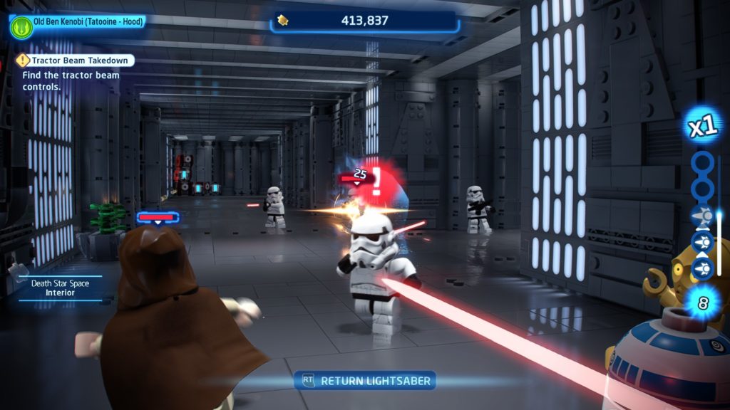 Obi Wan Kenobi fights Storm Troopers in a hall way. 
