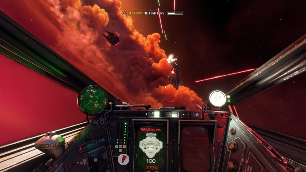 View of cockpit of aerial battle with other ships in the distance. 