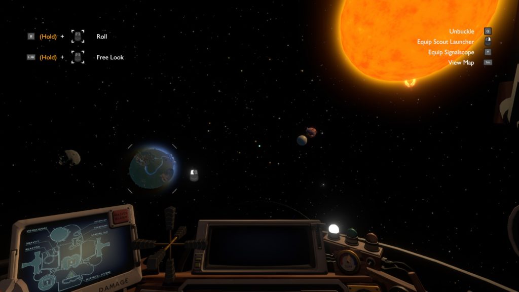 View of outer space, including the "sun" and miscellaneous solar bodies. 