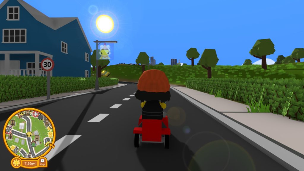 yellow cartoon person in black jacket and orange beanie riding a red vehicle down a road with the sun in the background